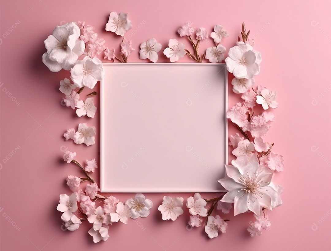 Moldura com flores sobre fundo isolado rosa.