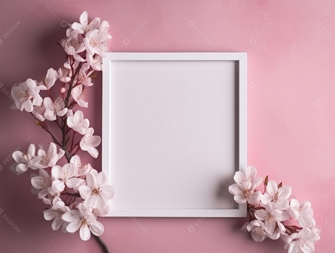 Quadro branco com flores sobre fundo isolado rosa.