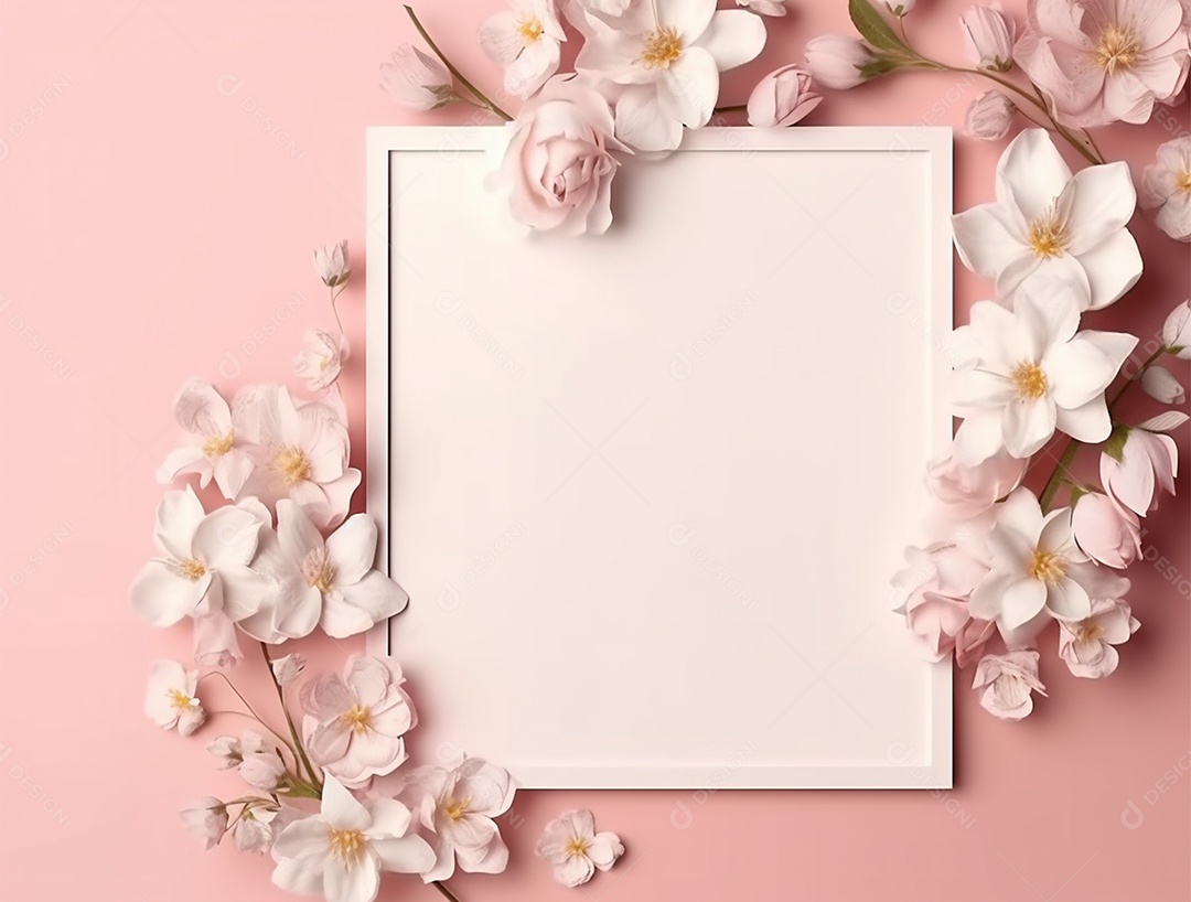 Quadro branco com flores sobre fundo isolado rosa.