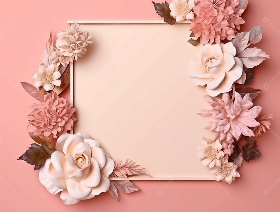 Quadro com flores sobre fundo isolado rosa.