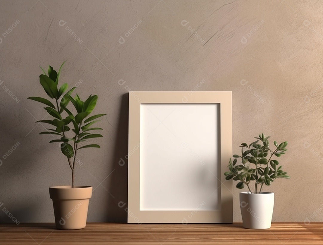 Vasos de plantas e quadro branco sobre mesa de madeira.