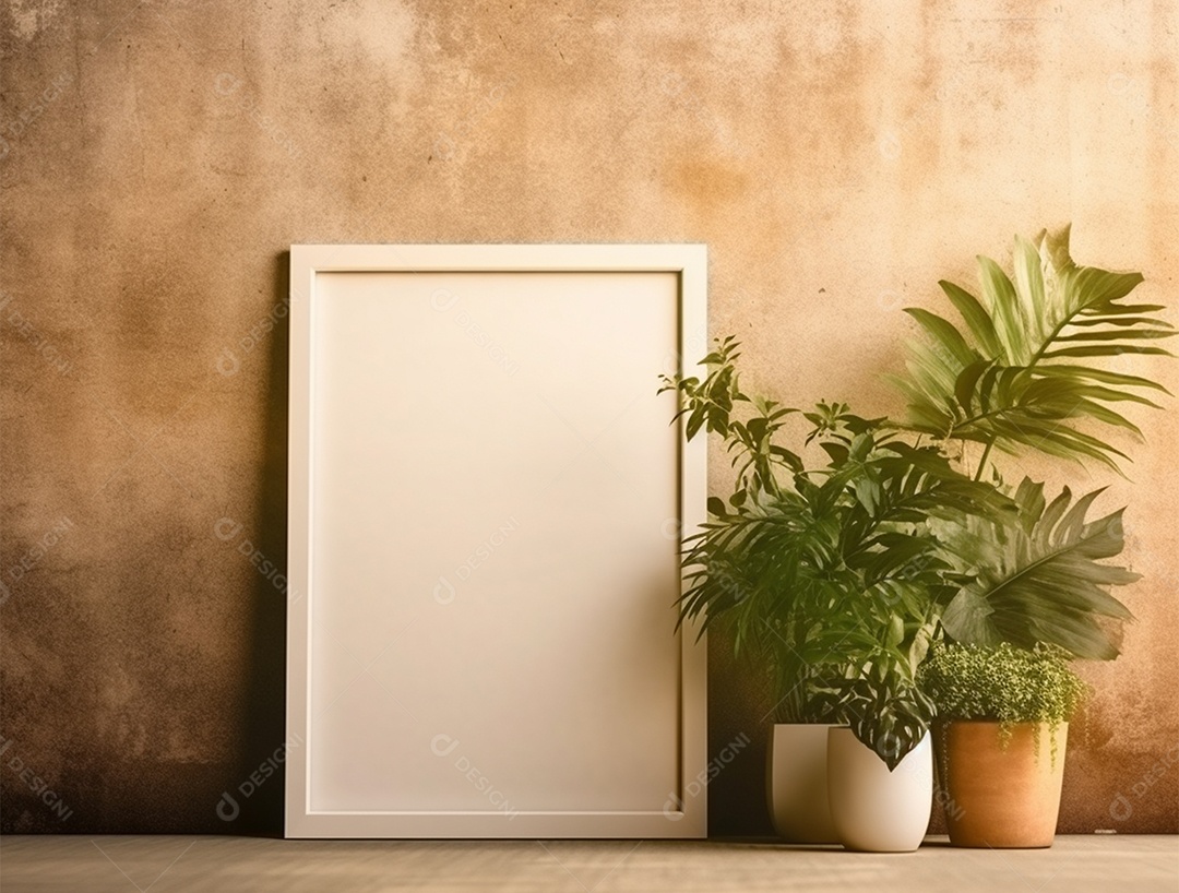 Vasos de plantas e quadro branco sobre mesa de madeira.