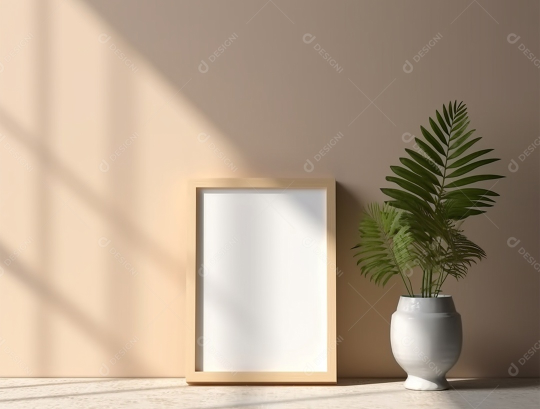 Vasos de plantas e quadro branco sobre fundo bege.