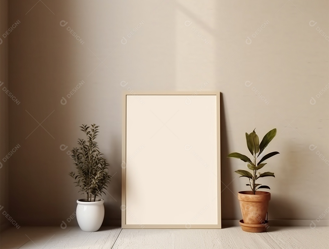 Vasos de plantas e quadro branco sobre fundo bege.