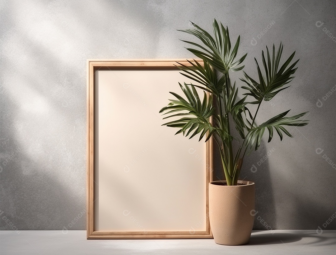 Vasos de plantas e quadro branco sobre fundo branco.