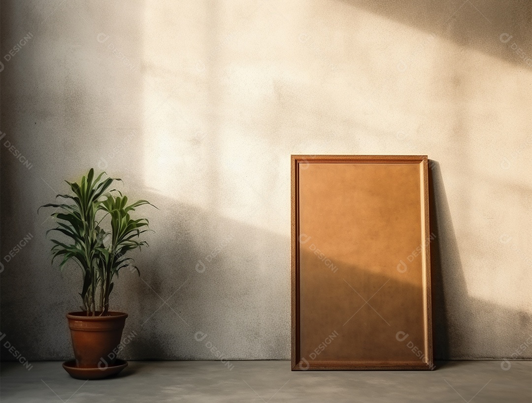 Vaso de planta e quadro marrom encostada na parede.