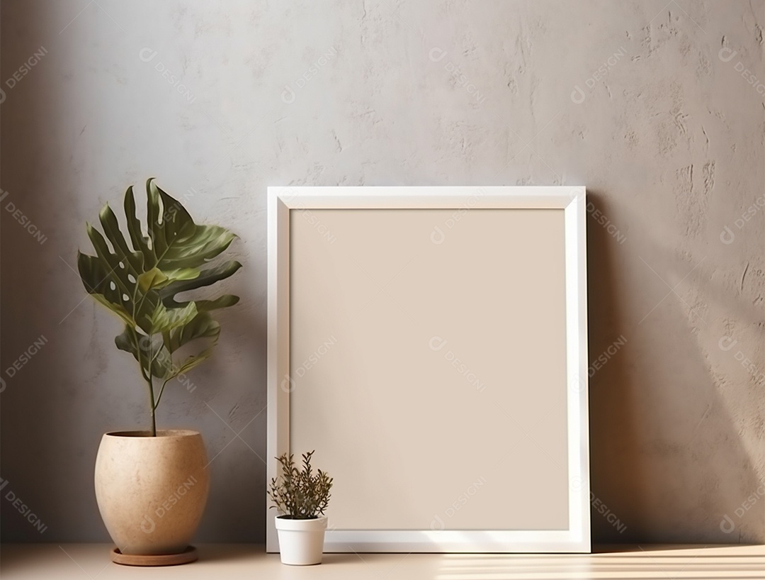 Vasos de plantas e quadro branco sobre uma parede bege.