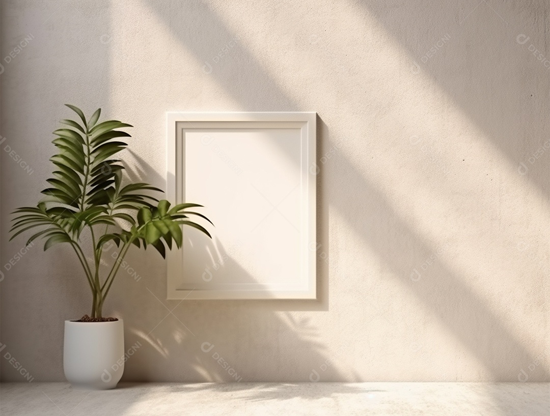 Vasos de plantas e quadro branco sobre uma parede bege.