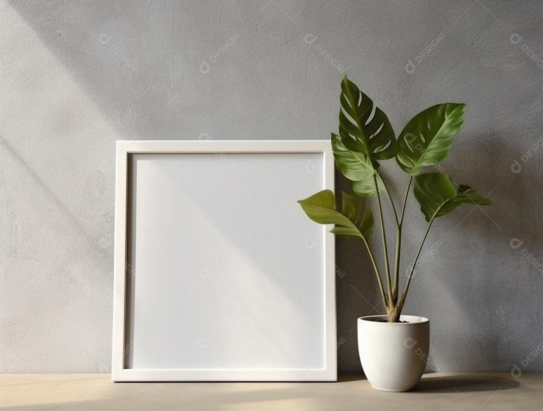 Vasos de plantas e quadro branco sobre uma parede cinza.