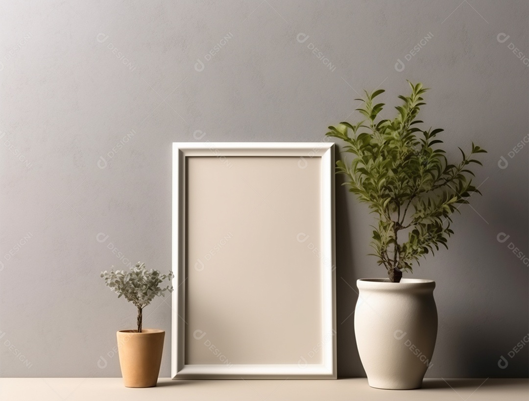 Vasos de plantas e quadro branco sobre uma parede cinza.