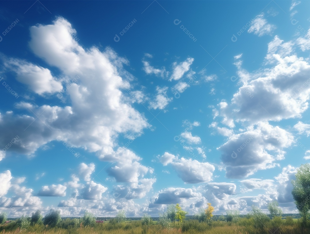 Campo verde com céu azul e dia ensolarado.