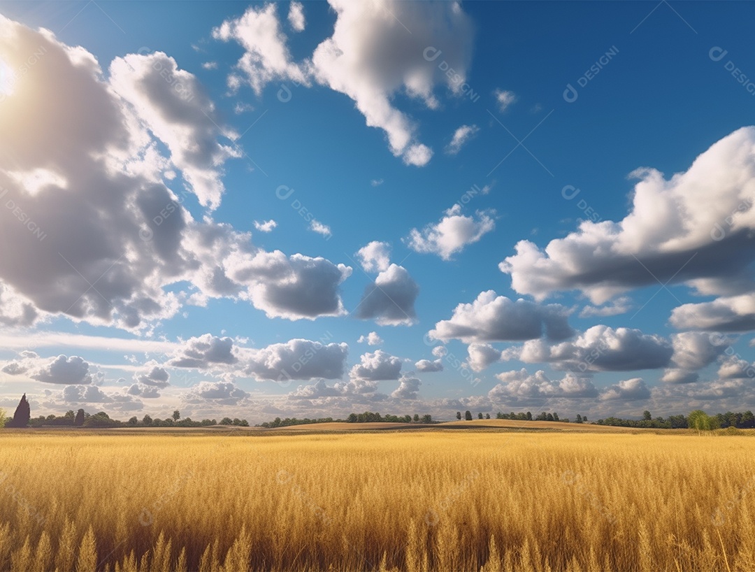 Campo agrícola sobre lindo céu azul com nuvem branca e luz clara.