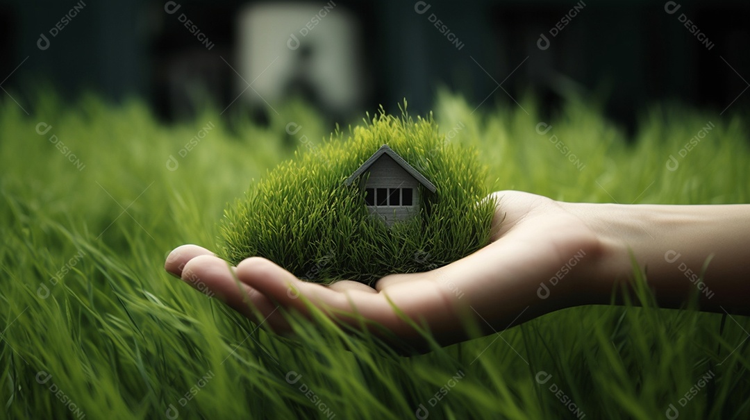 Mão segurando miniatura de casa sobre o campo gramado
