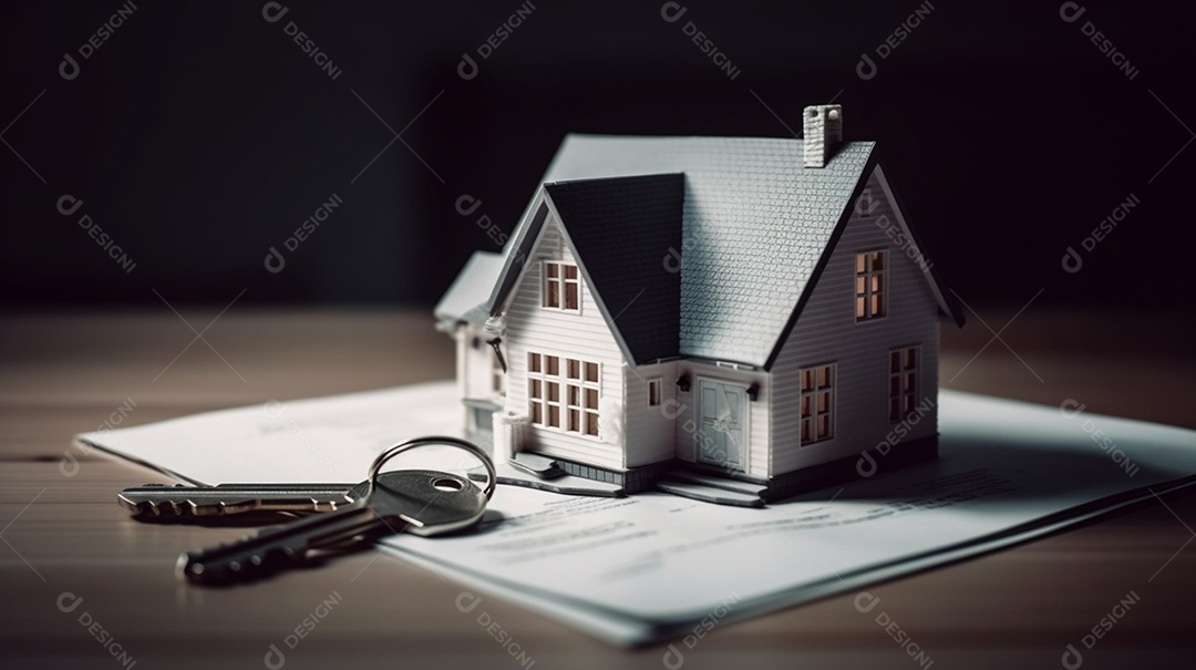 Miniatura de casa e chaves sobre mesa de madeira