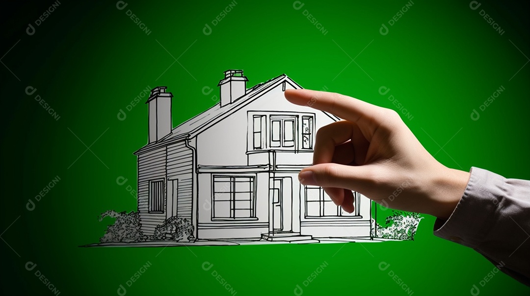 Mão de homem tocando projeto de casa própria