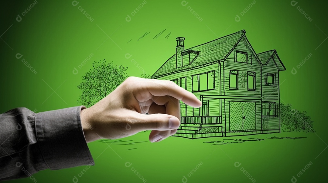 Mão de homem tocando projeto de casa própria