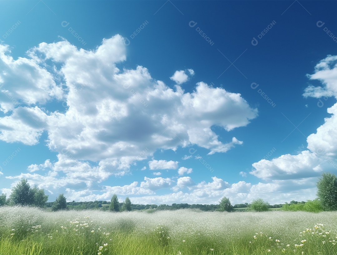 Campo verde com céu azul e dia ensolarado.