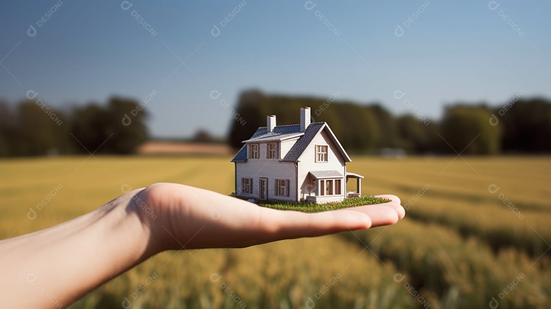 Mão de homem segurando miniatura de casa sobre campo