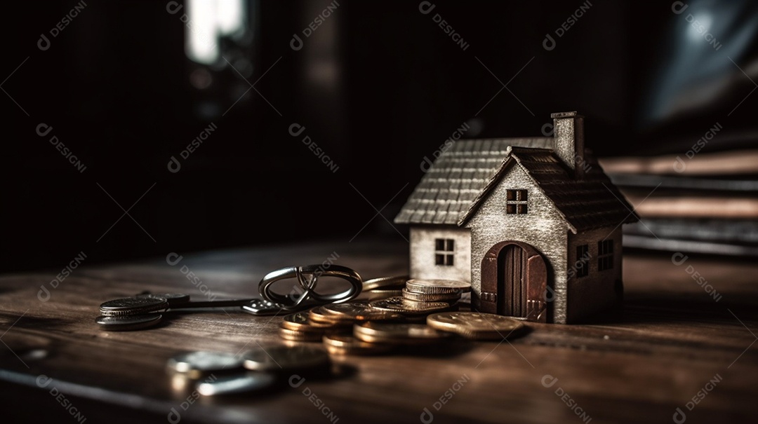 Chaves e miniatura de casa sobre mesa de madeira