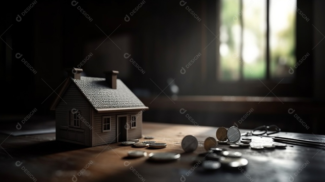 Chaves e miniatura de casa sobre mesa de madeira