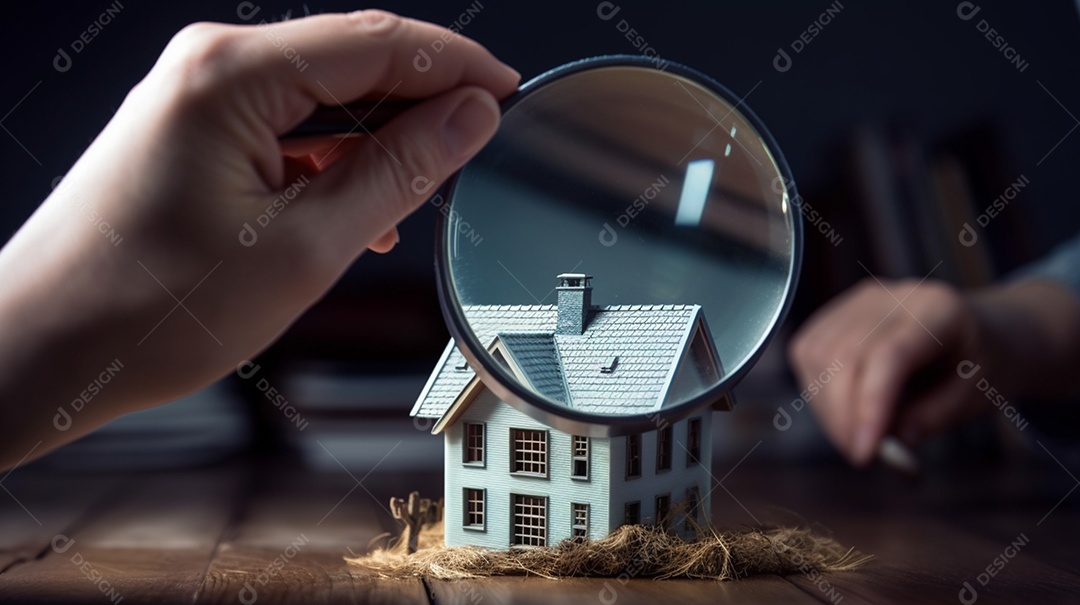 Mão segurando lupa observando miniatura de casa