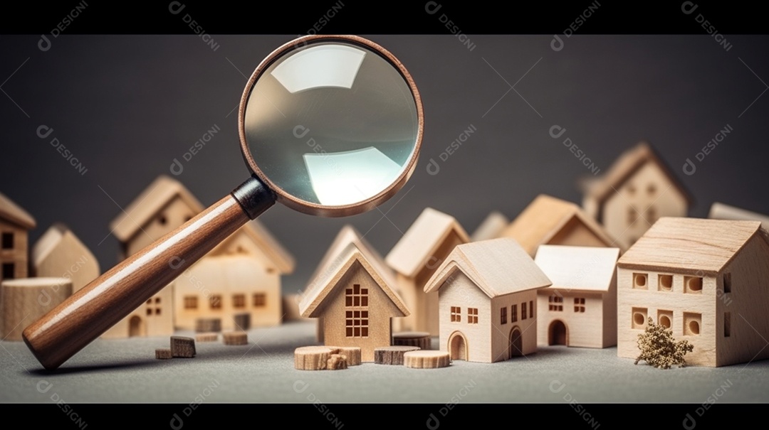 Mão segurando lupa observando miniatura de casa