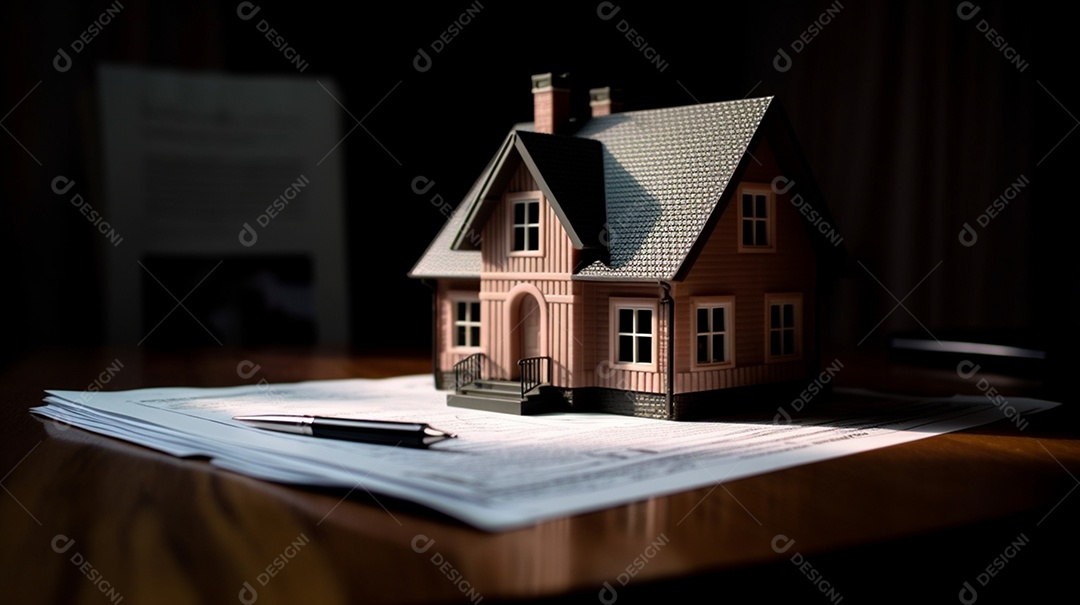 Modelo de casa sobre papeis em mesa de madeira