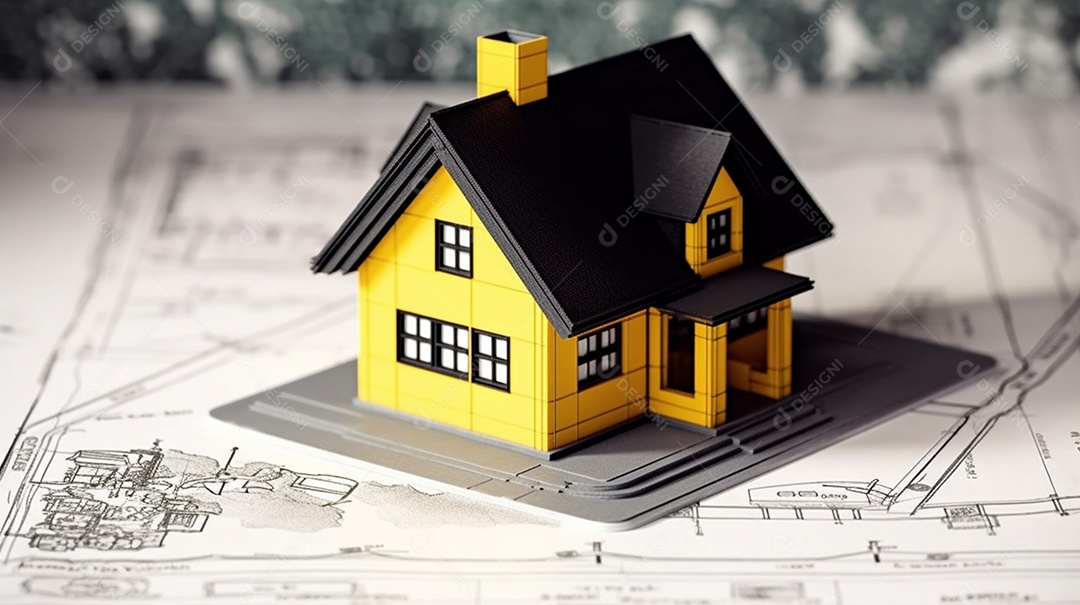 Modelo de casa sobre papel de projeto