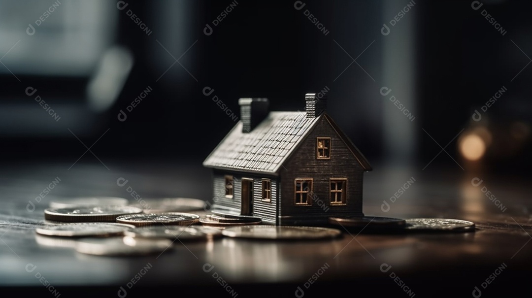 Modelo de casa e moedas sobre a mesa