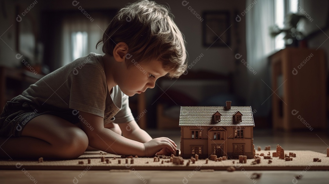 Menino brincando com maquete de casa