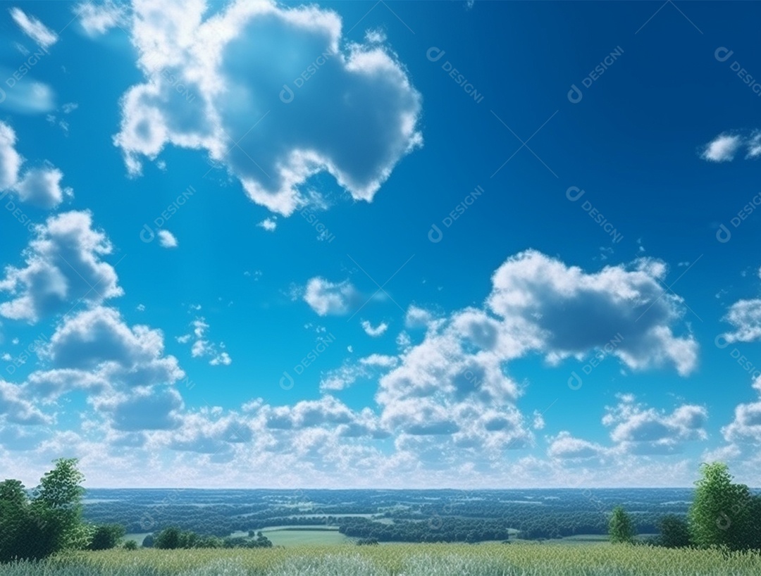 Campo verde com céu azul e dia ensolarado.