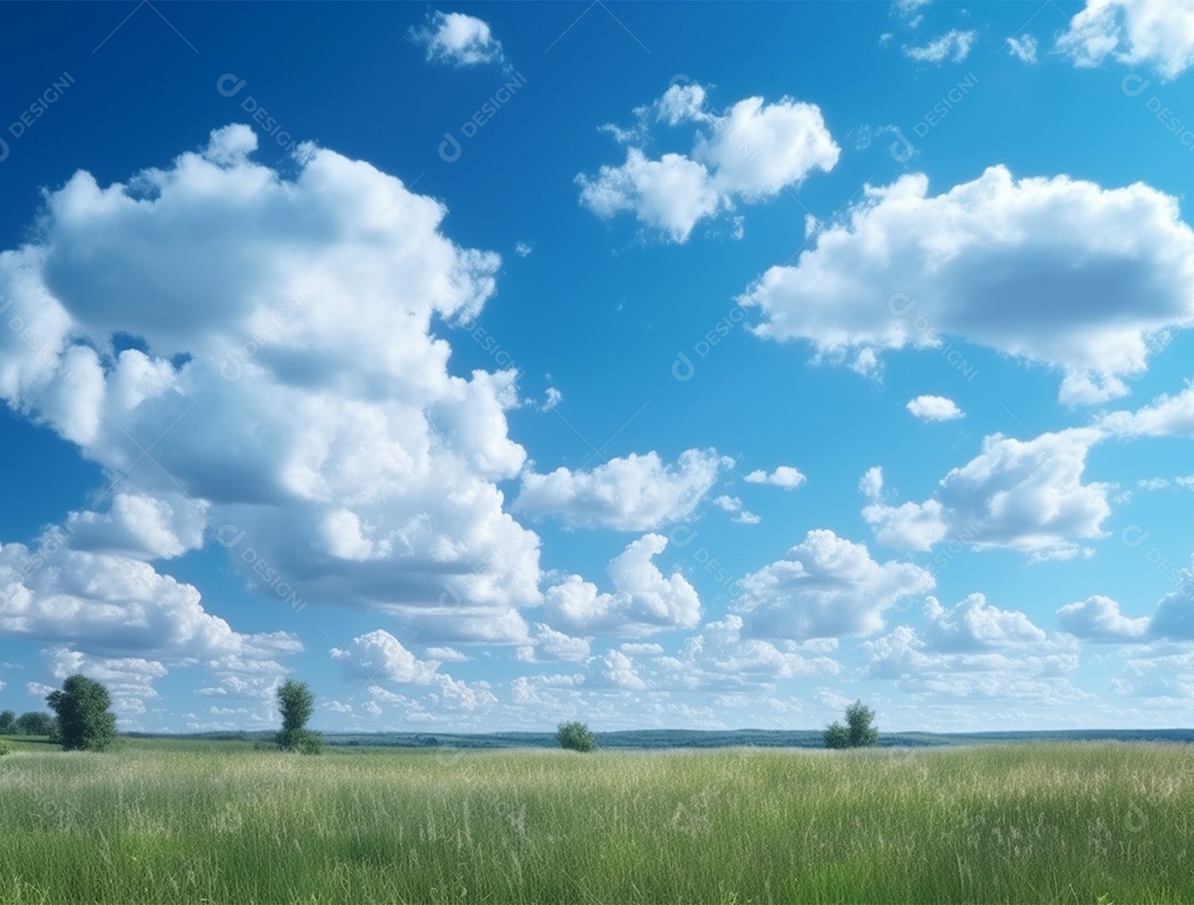 Campo verde sobre céu azul e dia ensolarado.