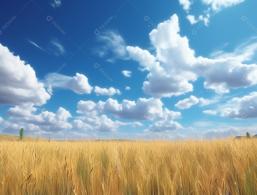 Campo agrícola sobre lindo céu azul com nuvem branca e luz clara.
