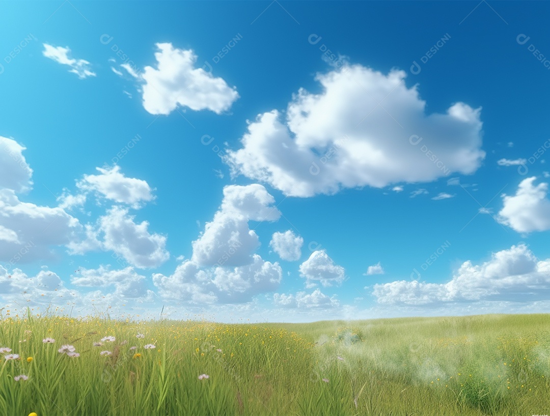 Campo verde com céu azul e dia ensolarado.