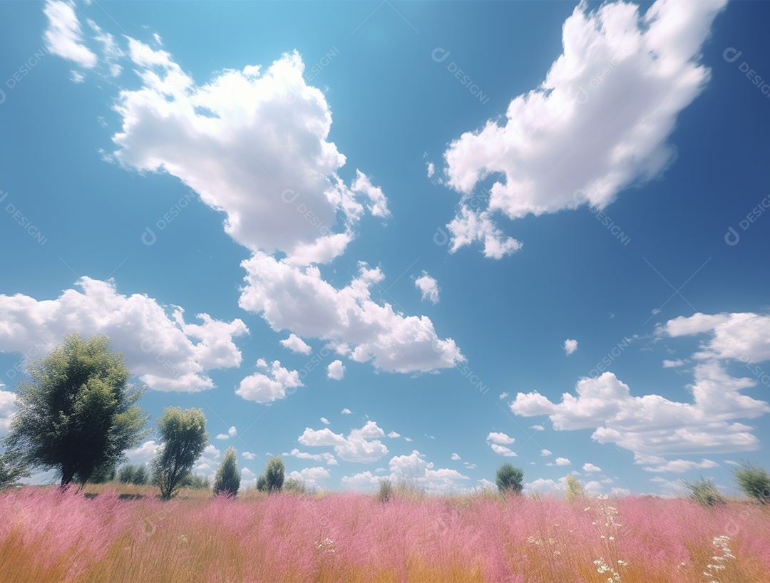 Campo verde sobre céu azul e dia ensolarado.