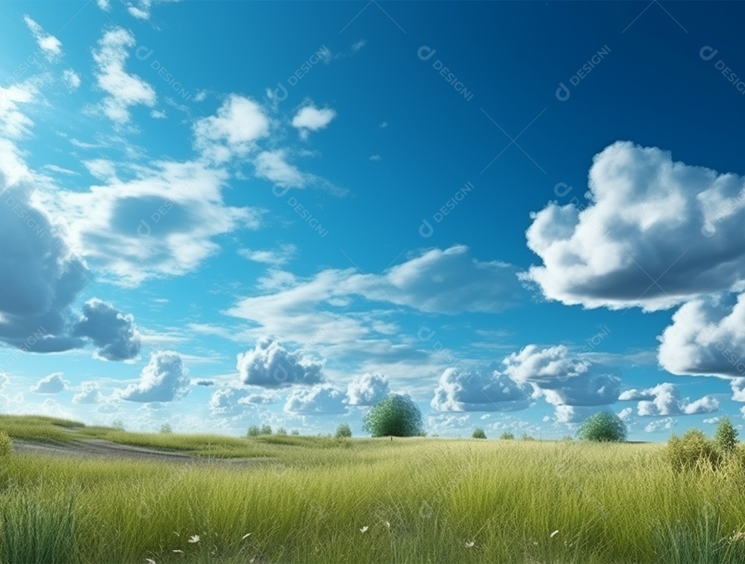 Campo verde com céu azul e dia ensolarado.