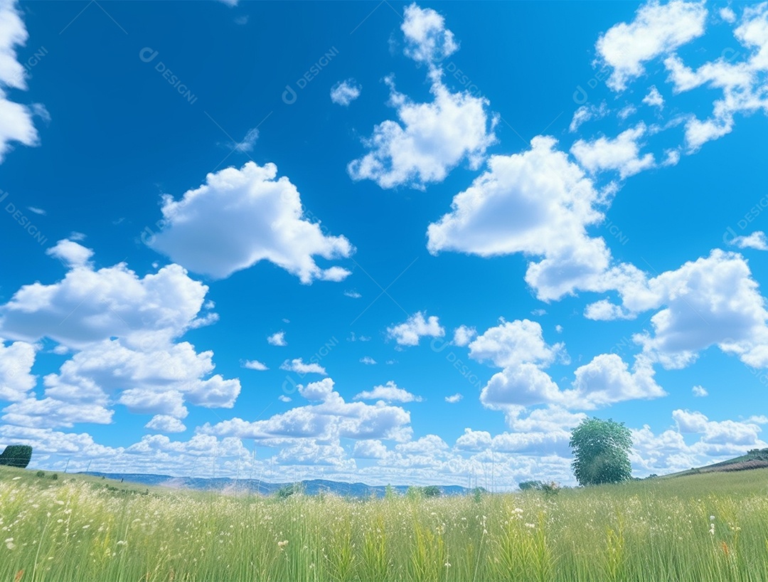 Campo verde com céu azul e dia ensolarado.