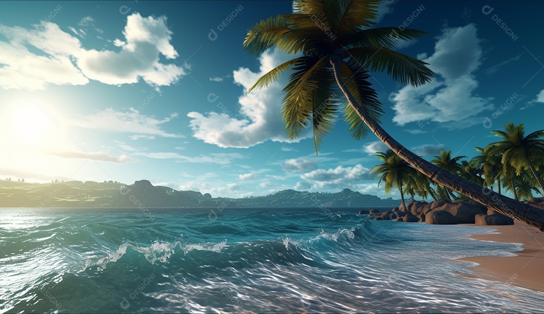 Coqueiro á beira-mar em um dia ensolarado.