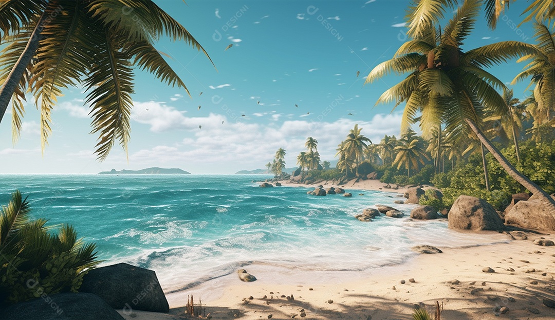 Coqueiro á beira-mar em um dia ensolarado.