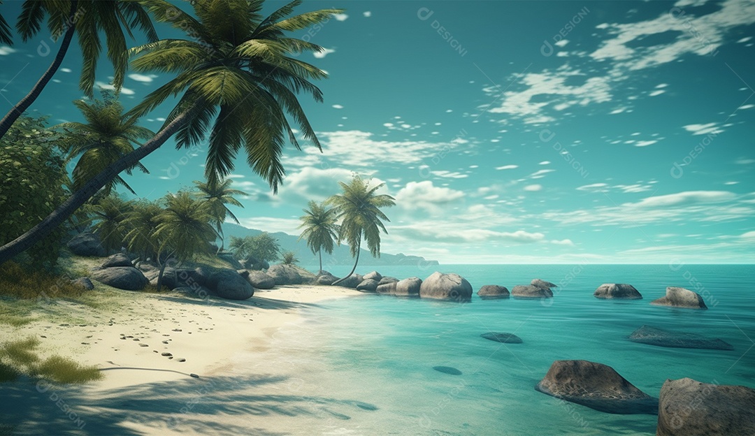 Coqueiro á beira-mar em um dia ensolarado.