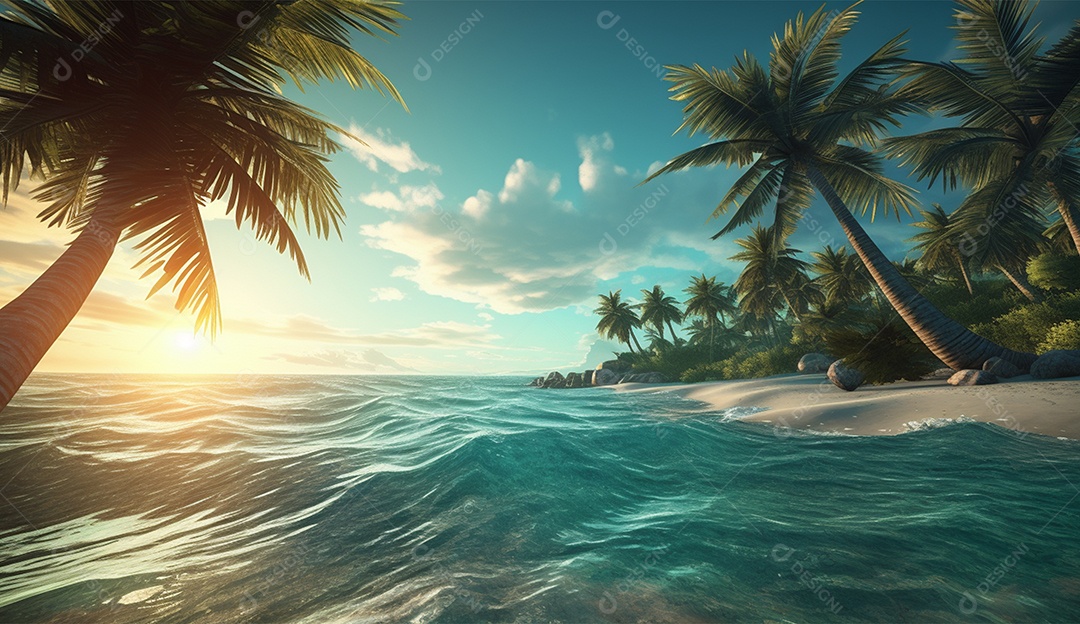 Coqueiro á beira-mar em um dia ensolarado.