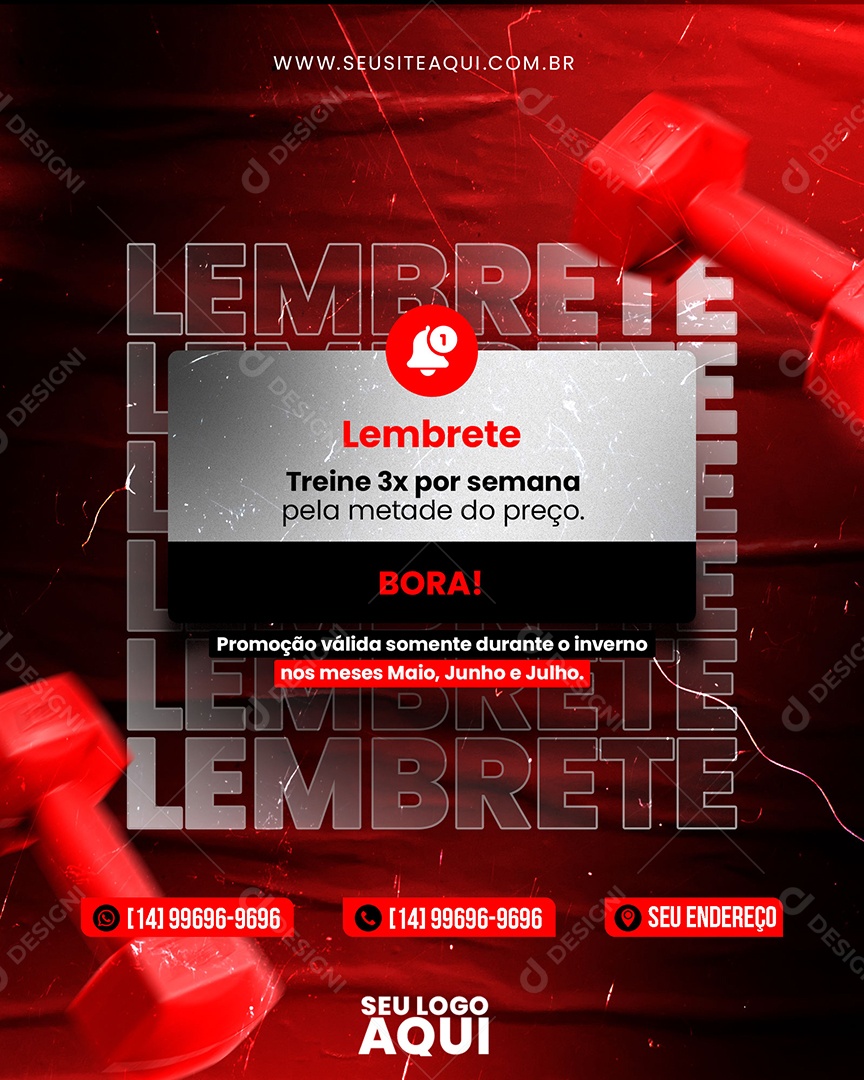 Academia Lembrete Treino 3 Vezes Por Semana Social Media PSD Editável