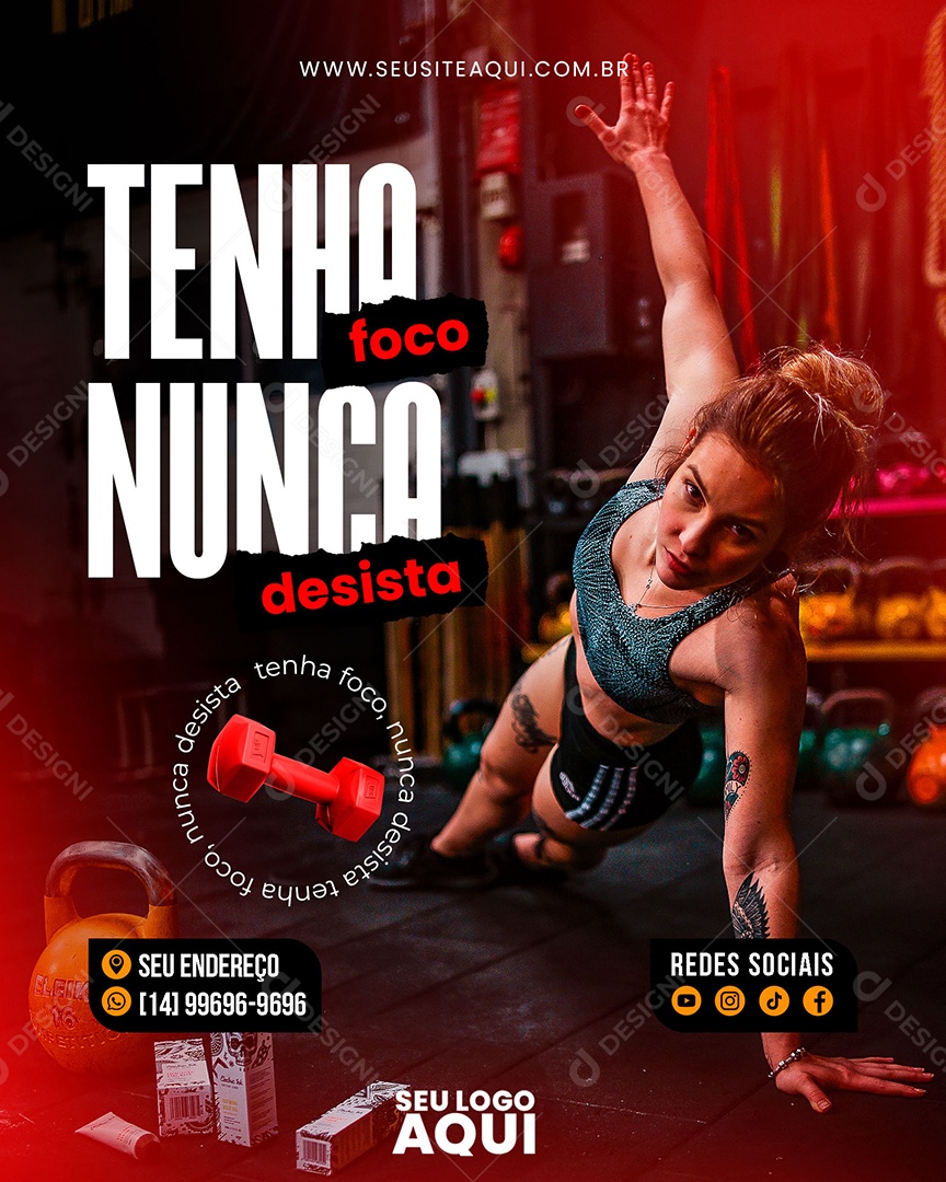 Academia Tenha Foco Nunca Desista Social Media PSD Editável