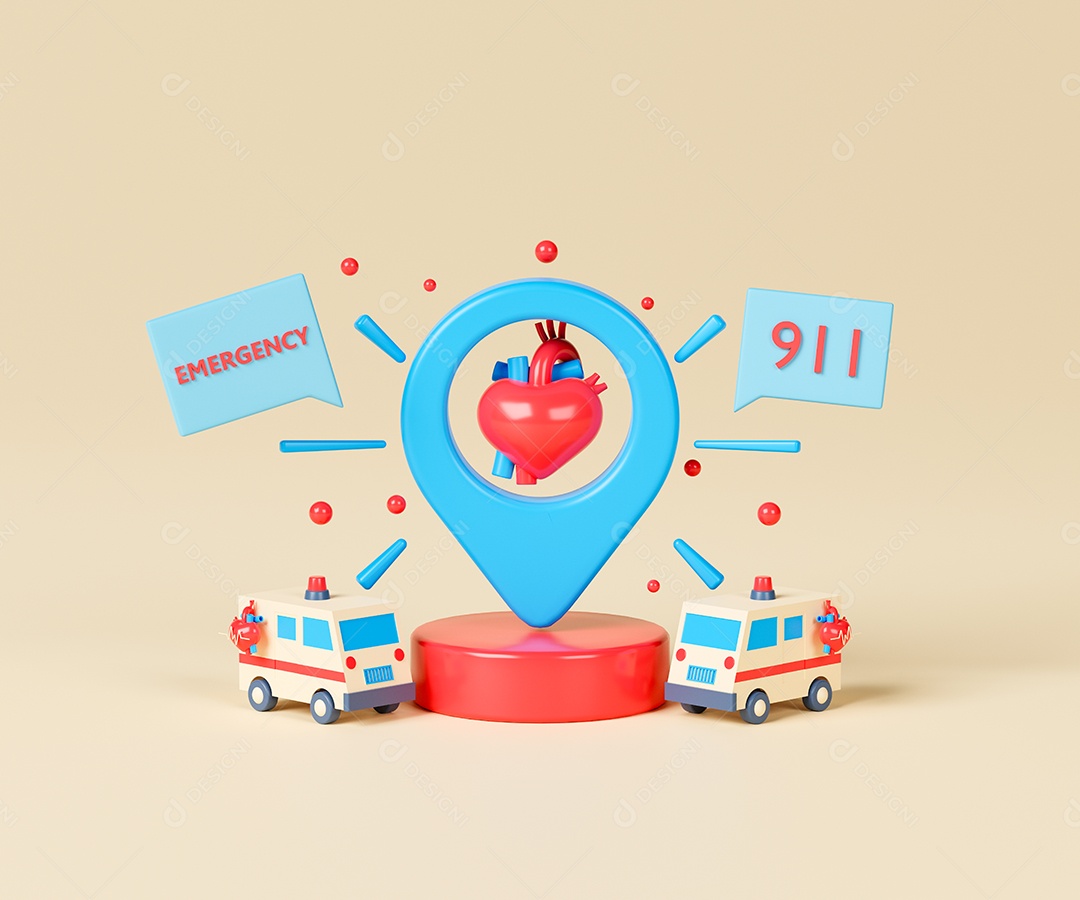 Cuidados de saúde do conceito e ilustração 3d do serviço médico. Duas ambulâncias com ícone de alfinete no pódio do cilindro vermelho.