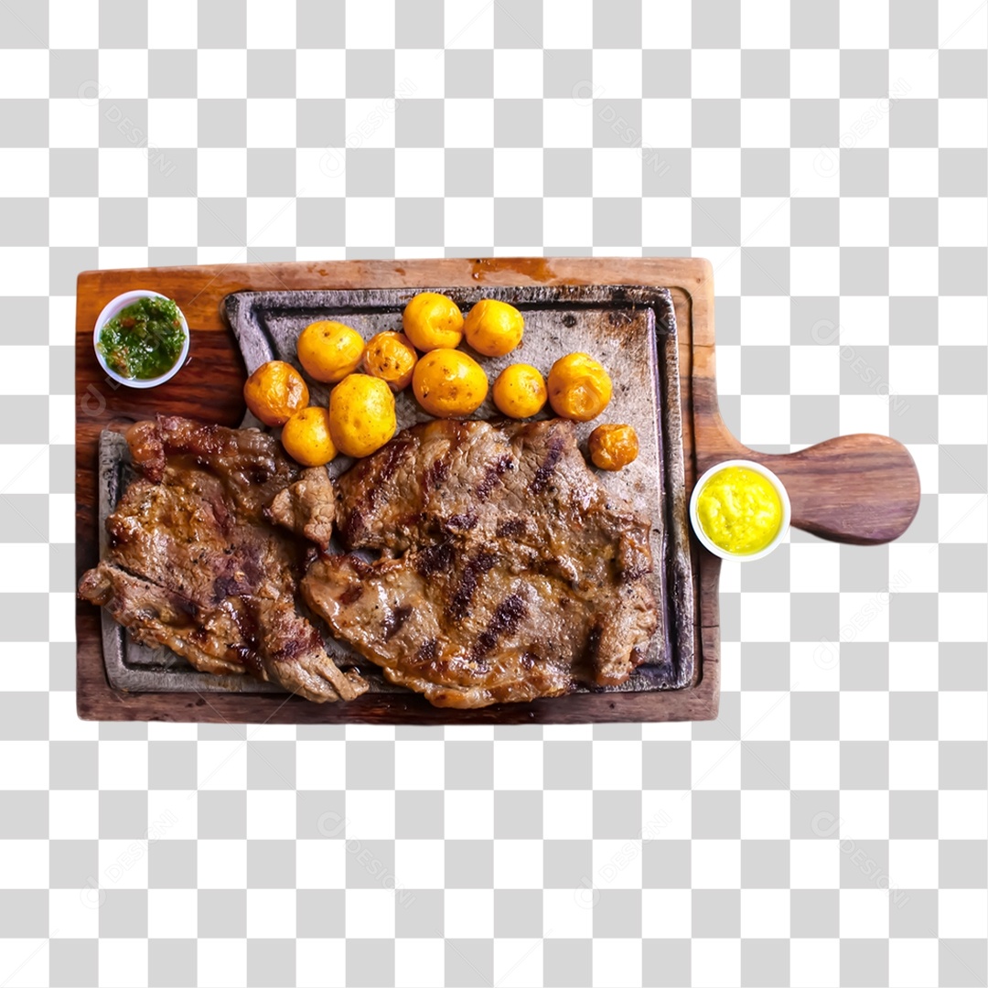 Bife com Batatas na Bandeja de Madeira PNG Transparente
