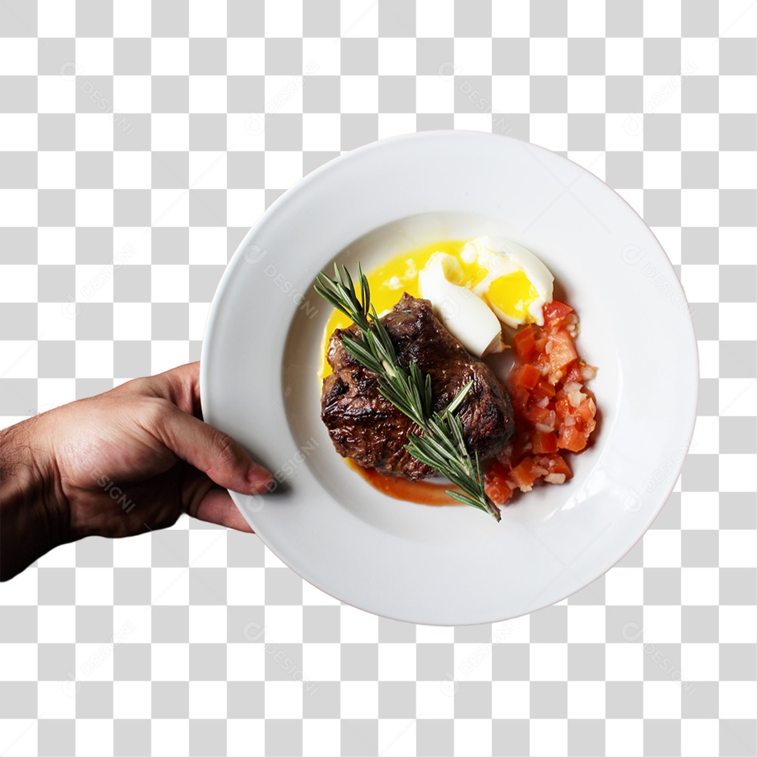 Uma Mão Segurando um Prato de Bife Ovo Cozido e Tomate PNG Transparente