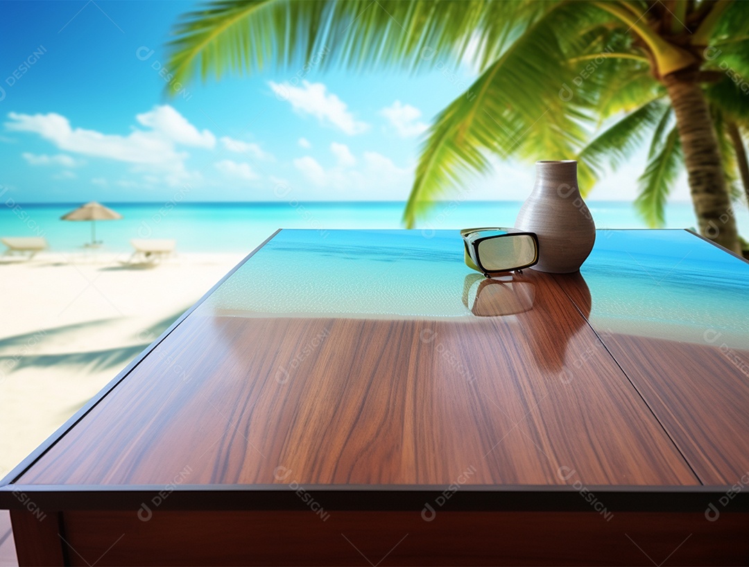 Mesa de madeira sobre fundo de uma linda praia.