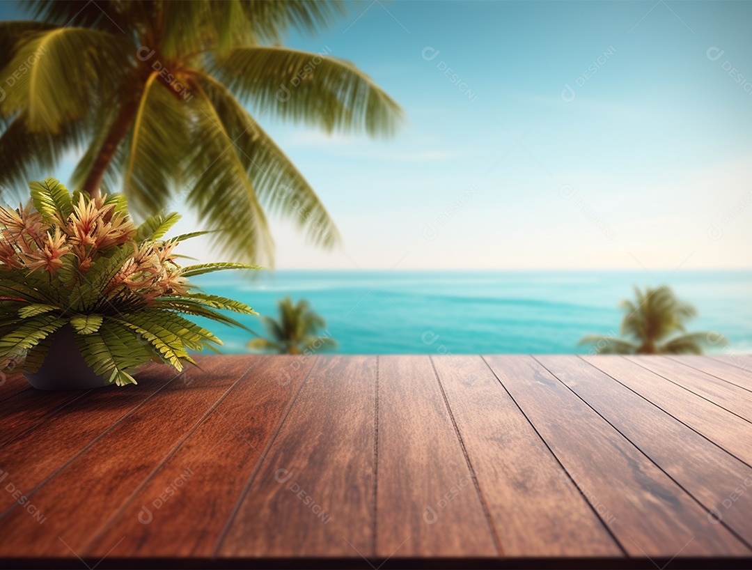 Mesa de madeira sobre fundo do mar azul.
