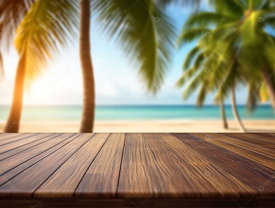 Mesa de madeira sobre fundo de uma praia ao nascer do sol.