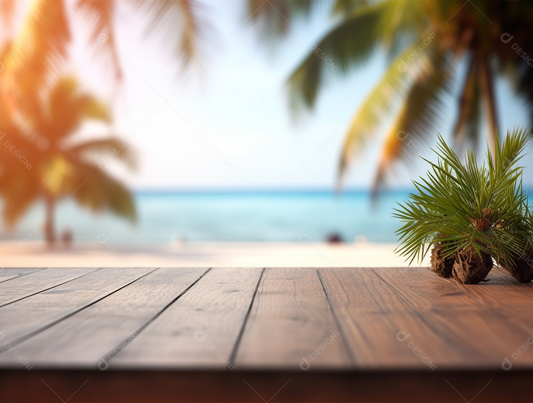 Tampo de madeira sobre fundo desfocado de uma praia ao nascer do sol.